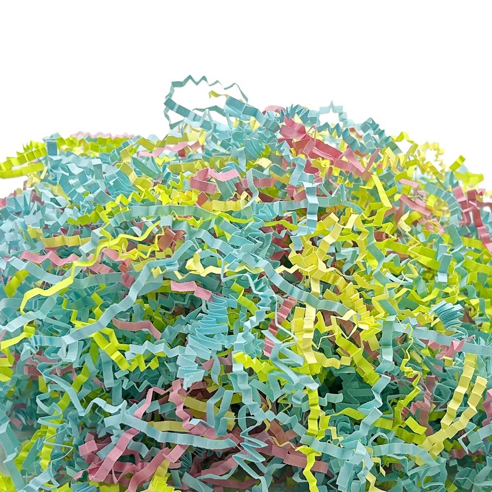 1/2 LB Yellow Green Pink and Blue Crinkle Cut Paper Shred Filler for Easter Raffia Paper Shredded Filler for Gift Wrapping Large Bags Box Packing Baskets