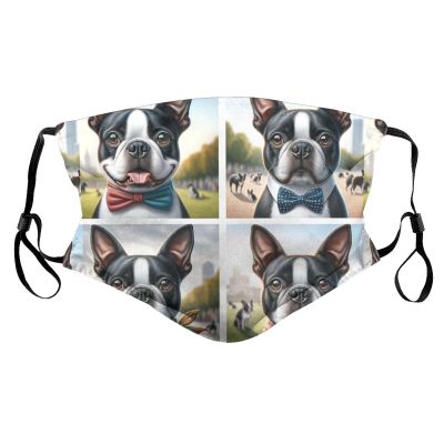 Reusable Cloth Face Masks with 2 Filters Boston-Terrier-Bow-Tie Washable Face Covering Medium Black