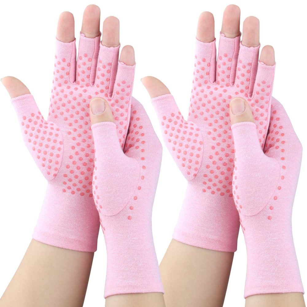 2 Pairs Arthritis Gloves, Compression Gloves for Women Men, Relieve Arthritis, Rheumatoid, Osteoarthritis, Carpal Tunnel Pain, Anti-Slip Fingerless Gloves for Hand Support (Pink-2pairs,Large)