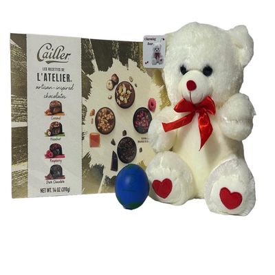 B BBO Brand Valentine's Day Chocolate Assortment Gift Box | 11" Teddy Bear Plush (Red or White) PLUS A Free BBO Hand Stress Ball (Cailler L'Atelier Artisan Inspired Chocolates Gift Box, 32 Count)