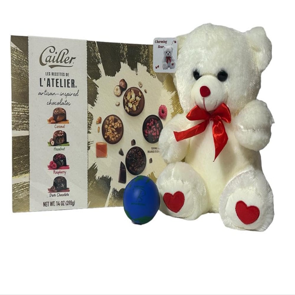 B BBO Brand Valentine's Day Chocolate Assortment Gift Box | 11" Teddy Bear Plush (Red or White) PLUS A Free BBO Hand Stress Ball (Cailler L'Atelier Artisan Inspired Chocolates Gift Box, 32 Count)
