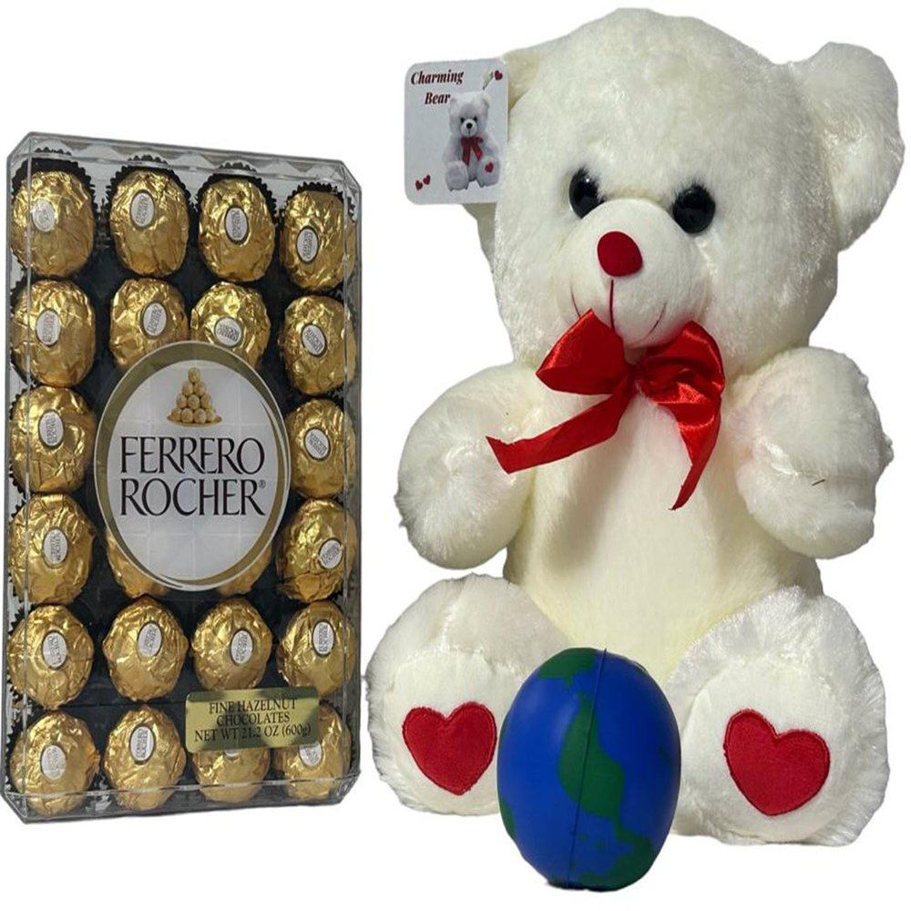 B BBO Brand Valentine's Day Chocolate Assortment Gift Box | 11" Teddy Bear Plush (Red or White) PLUS A Free BBO Hand Stress Ball (Ferrero Rocher Fine Hazelnut Chocolates Gift Box, 48 Count)
