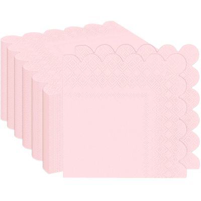 100 Pieces 2-Ply Light Pink Scalloped Napkins Folded 5 x 5 inch Disposable Cocktail Napkins Paper Napkins for Dinner Wedding Birthday Baby Shower Party Pink Beverage Napkins