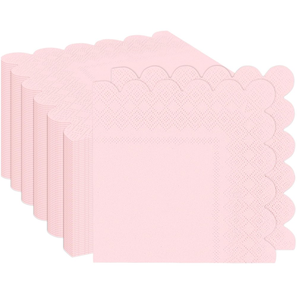 100 Pieces 2-Ply Light Pink Scalloped Napkins Folded 5 x 5 inch Disposable Cocktail Napkins Paper Napkins for Dinner Wedding Birthday Baby Shower Party Pink Beverage Napkins