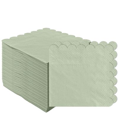 100 Pieces 2-Ply Sage Green Scalloped Napkins Folded 5 x 5 inch Disposable Cocktail Napkins Paper Napkins for Dinner Wedding Birthday Party Green Beverage Napkins