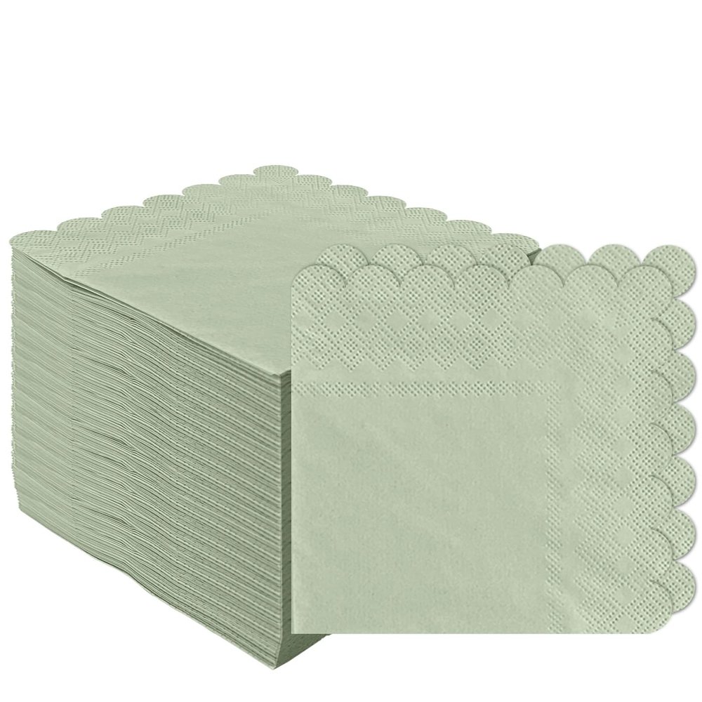 100 Pieces 2-Ply Sage Green Scalloped Napkins Folded 5 x 5 inch Disposable Cocktail Napkins Paper Napkins for Dinner Wedding Birthday Party Green Beverage Napkins