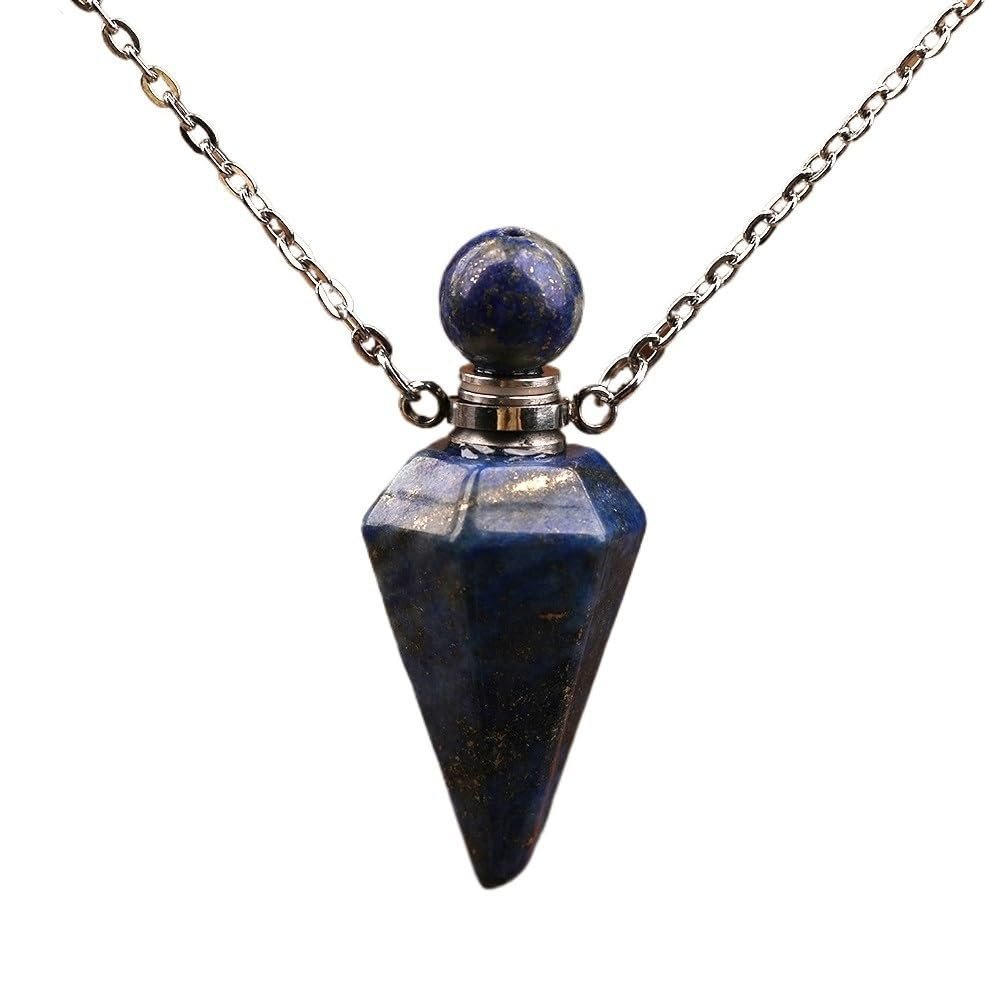 HXSCOO Women's Small Natural White Roses Quartz Pendulum Perfume Bottle Necklace Chakra Reiki Diffuser Pendant Jewelry Gift (Color : Lapis Silver)