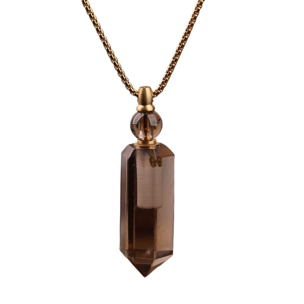 HXSCOO Aura Crystal Perfume Bottle Pendant Necklace Women Natural Hexagonal Gemstone Essential Oil Duffuser Necklace Jewelry (Color : Smoky Quartz)
