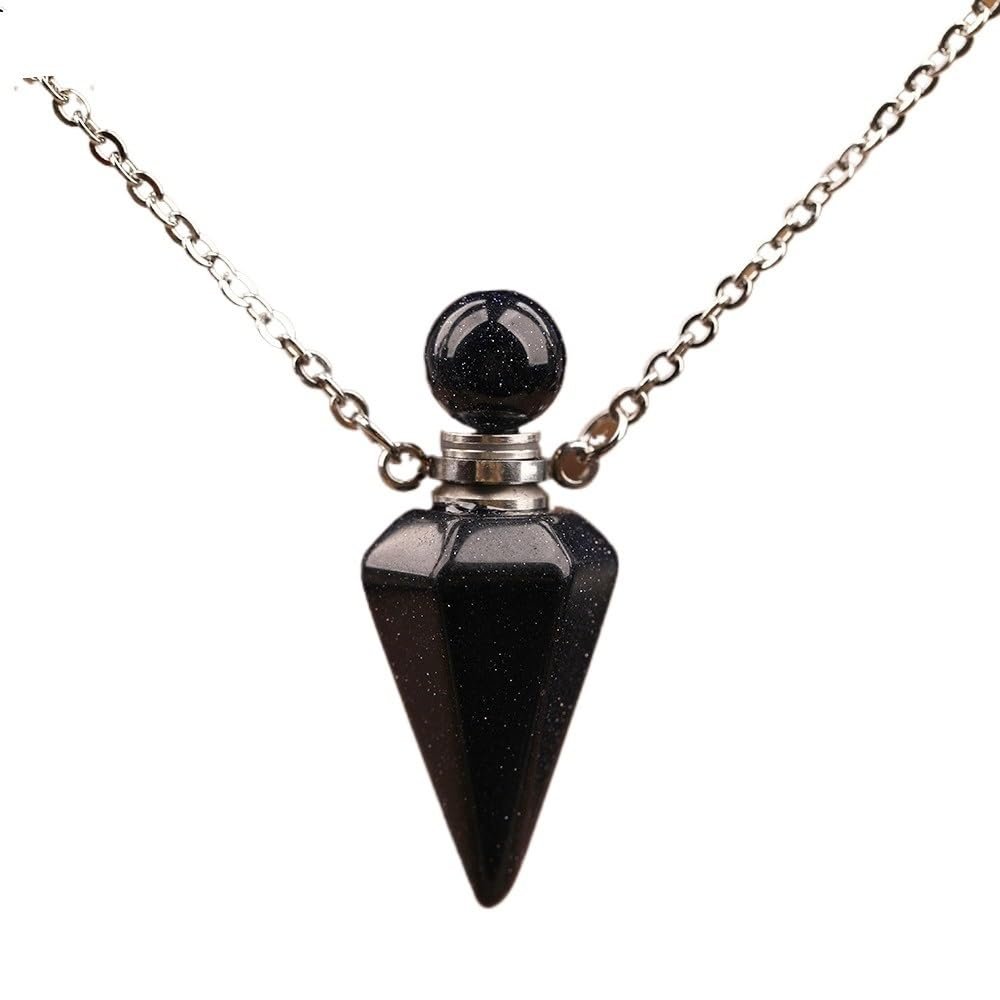 HXSCOO Women's Small Natural White Roses Quartz Pendulum Perfume Bottle Necklace Chakra Reiki Diffuser Pendant Jewelry Gift (Color : Blue Goldstone)