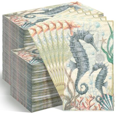 Jetec 200 Pcs Summer Napkins Blue Seahorse Paper Guest Towel Summer Napkins for Bathroom Decorative Beach Disposable Guests Hand Towels for Bathroom Holiday Dinner Party
