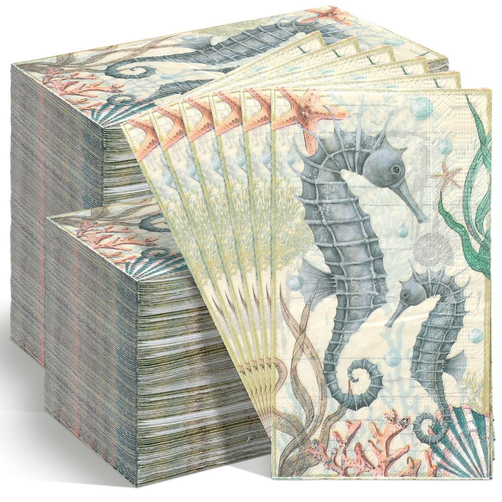 Jetec 200 Pcs Summer Napkins Blue Seahorse Paper Guest Towel Summer Napkins for Bathroom Decorative Beach Disposable Guests Hand Towels for Bathroom Holiday Dinner Party