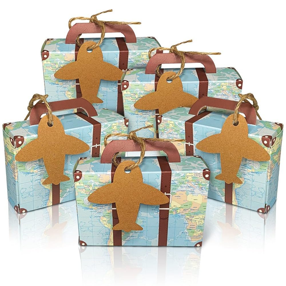 Hlsicnalm 50PCS Suitcase Favor Boxes World Map Mini Suitcase Boxes Wedding Candy Boxes For Travel Theme Wedding Baby Bridal Shower