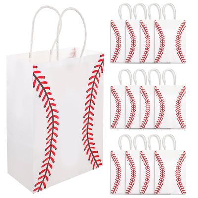 STOBOK 12Pcs Baseball Party Favor Bags White Paper Bags with Handles for Sports Themed Birthday Party, Team Celebrations, Baby Shower, Snacks, Gifts, and Treats Storage