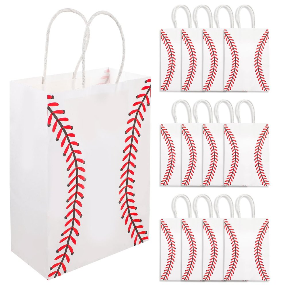 STOBOK 12Pcs Baseball Party Favor Bags White Paper Bags with Handles for Sports Themed Birthday Party, Team Celebrations, Baby Shower, Snacks, Gifts, and Treats Storage