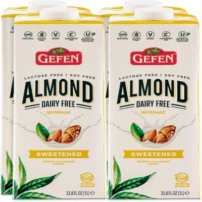Gefen Sweetened Almond Milk 33.8oz (4 Pack), No Binders or Preservatives, Gluten Free, Vegan, Dairy Free, Soy Free, Non GMO, Kosher for Passover