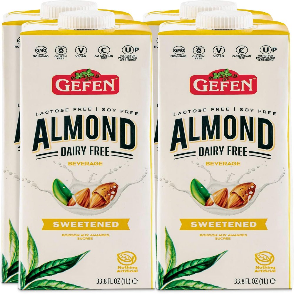 Gefen Sweetened Almond Milk 33.8oz (4 Pack), No Binders or Preservatives, Gluten Free, Vegan, Dairy Free, Soy Free, Non GMO, Kosher for Passover