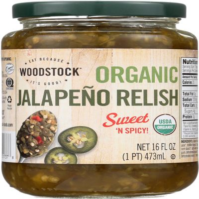 Woodstock Organic Jalapeo Relish, Sweet 'N Spicy, Kosher, USDA Certified Organic, 16 Ounce (Pack of 6)