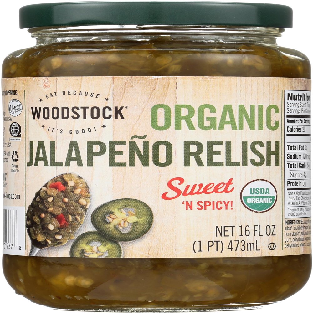 Woodstock Organic Jalapeo Relish, Sweet 'N Spicy, Kosher, USDA Certified Organic, 16 Ounce (Pack of 6)