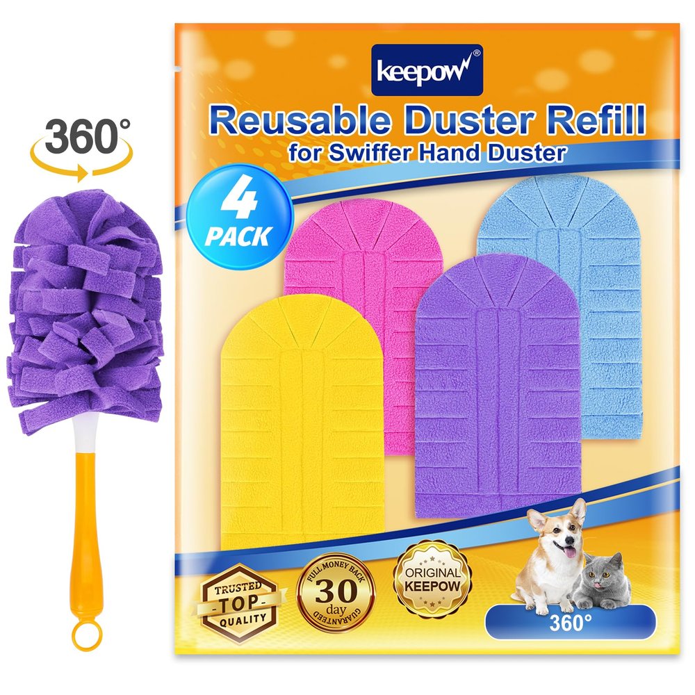 KEEPOW Reusable Duster Refill Compatible with Swiffer Hand Duster, Heavy Duty Duster Refills, 360 Degree Dusters Refills for Cleaning, Fleece Refill Ceiling Fan, 4 Pack (Handle is Not Included)