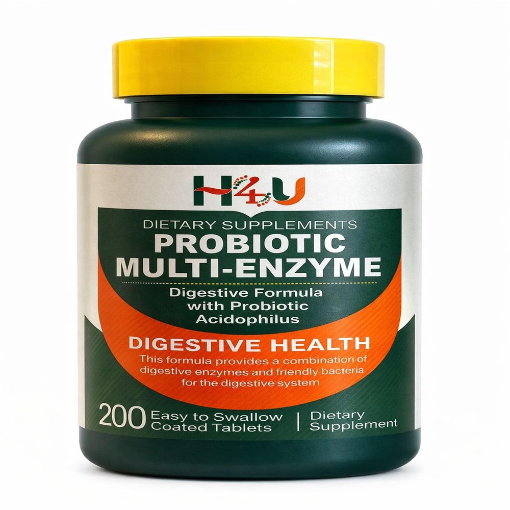 4 TOP CARE H4U Probiotic Multi-Enzymes with Prebiotics and Probiotic Acidophilus for Digestive and Gut Health, Providing Relief from Meal-time discomfort and Bloating. Dietary Supplement, 200 Count.