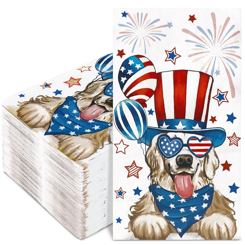 100Pcs Patriotic Guest Napkins American Flag Dog Fireworks Disposable Napkins July 4th Star Stripe Hand Towel Paper Napkins for Bathroom Independence Day Party Supplies Table Decor