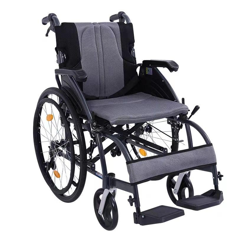 Lightweight Wheelchair, Portable Folding Manual Wheelchair, Wheelchair for The Elderly, Front and Rear Brakes, Load Capacity 200 kg, Storage Bag Behind The seat (Color : Gray)