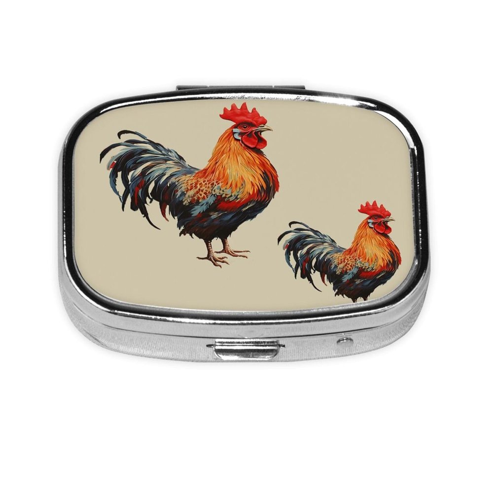 Dwrepo Animal Art Chicken Painting Print Square Pill Organizer 2 Compartment Pill Box Portable Medicine Pill Case For Home Outdoor Travel, Black
