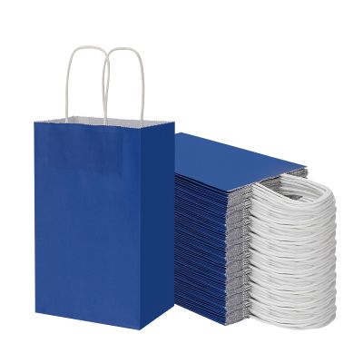 100 Pack 5.25x3.25x8.25 Inch Small Royal Blue Kraft Paper Bags with Handles Bulk, Toovip Gift Wrap Bags for Favor Grocery Retail Party Birthday Shopping Business Goody Craft Merchandise Take Out Sacks