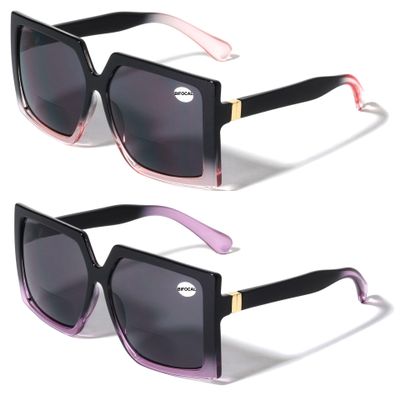 V.W.E. 2 Pairs Square Oversize Women BIFOCAL Outdoor Reading Sunglasses Glasses (1 Pink 1 Purple, 3.00)