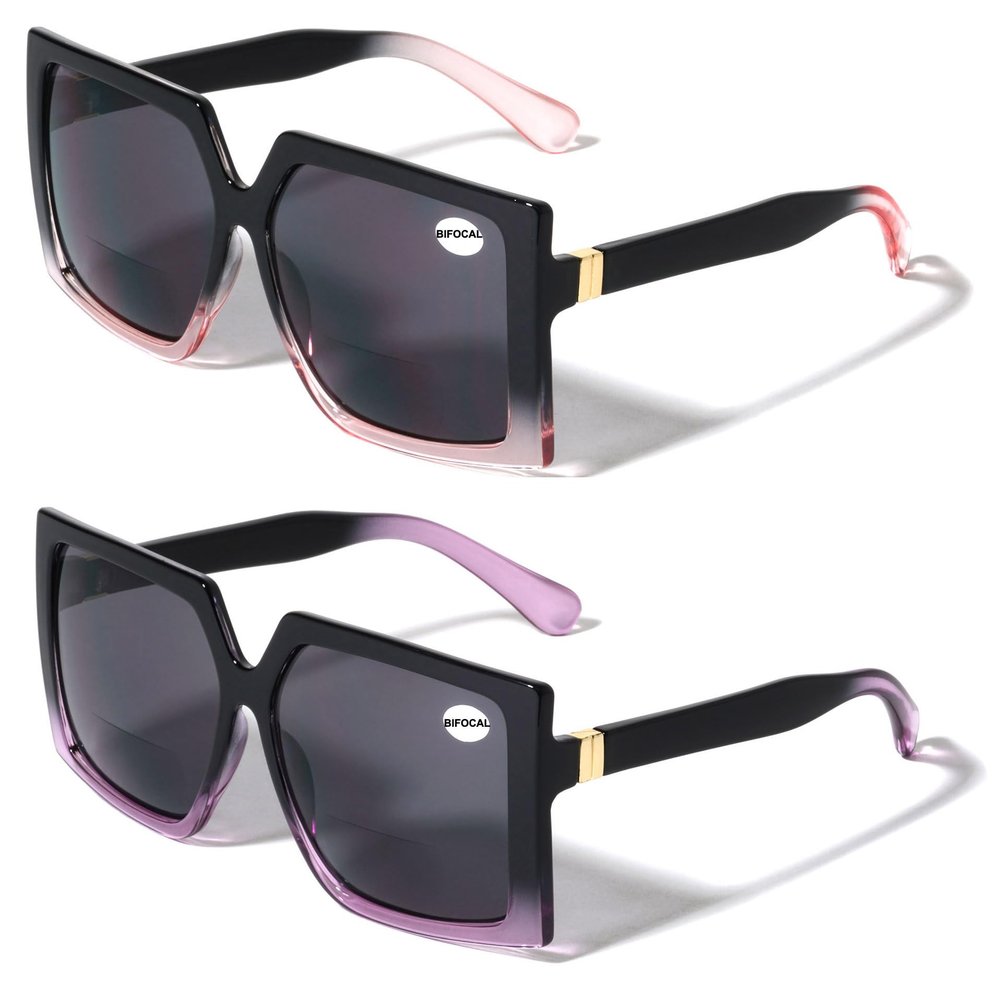 V.W.E. 2 Pairs Square Oversize Women BIFOCAL Outdoor Reading Sunglasses Glasses (1 Pink 1 Purple, 3.00)