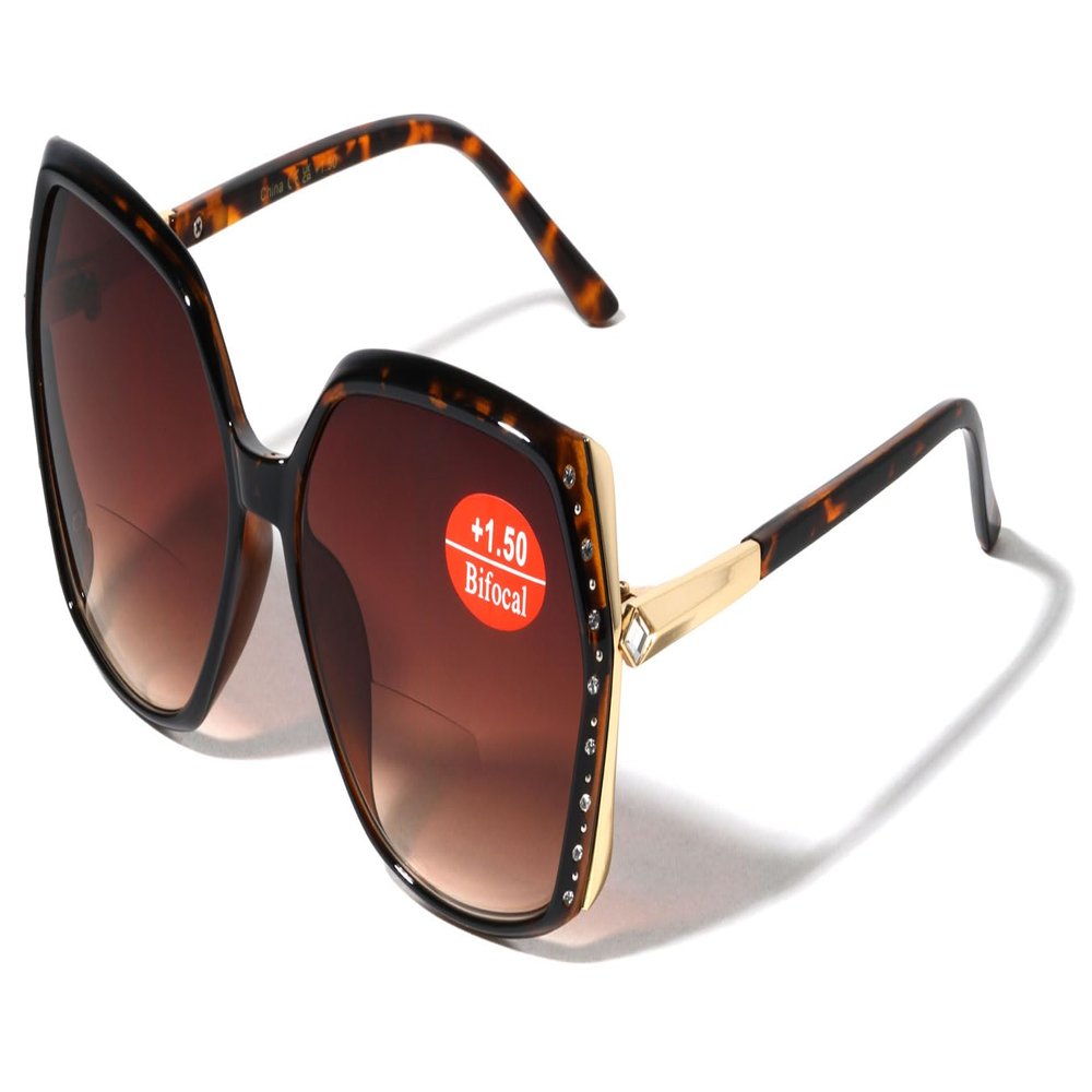 V.W.E. Women Oversized Rhinestones BIFOCAL Reading Sunglasses - Outdoor Reader Glasses UV Protection (Tortoise, 2.00, x)