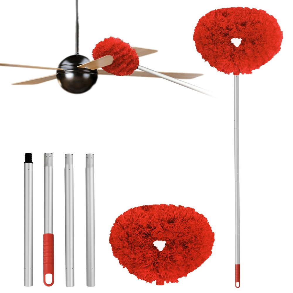Ceiling Fan Cleaner Duster Reusable Microfiber Ceiling Fan Blade Cleaner Removable Duster with Extension Pole Adjusts 13 to 49.7 Inch for Cleaning Walls Bookshelves Furniture Door Window Top (Red)