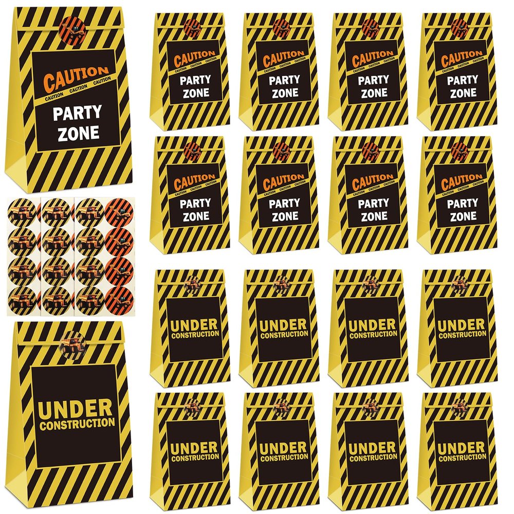 20 Pack Construction Party Goodie Bags with Stickers - Treat Bags for Kids' Construction Theme Birthday Parties