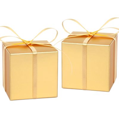 Adecortalk 100 Pcs Mini Gold Gift Boxes 2x2x2 Inches Paper Party Favor Boxes Gift Candy Boxes with Ribbons for Birtyhday Wedding Baby Shower Graduation Bridal Shower Halloween Christmas Valentine Gifts