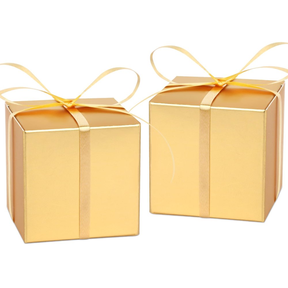 Adecortalk 100 Pcs Mini Gold Gift Boxes 2x2x2 Inches Paper Party Favor Boxes Gift Candy Boxes with Ribbons for Birtyhday Wedding Baby Shower Graduation Bridal Shower Halloween Christmas Valentine Gifts