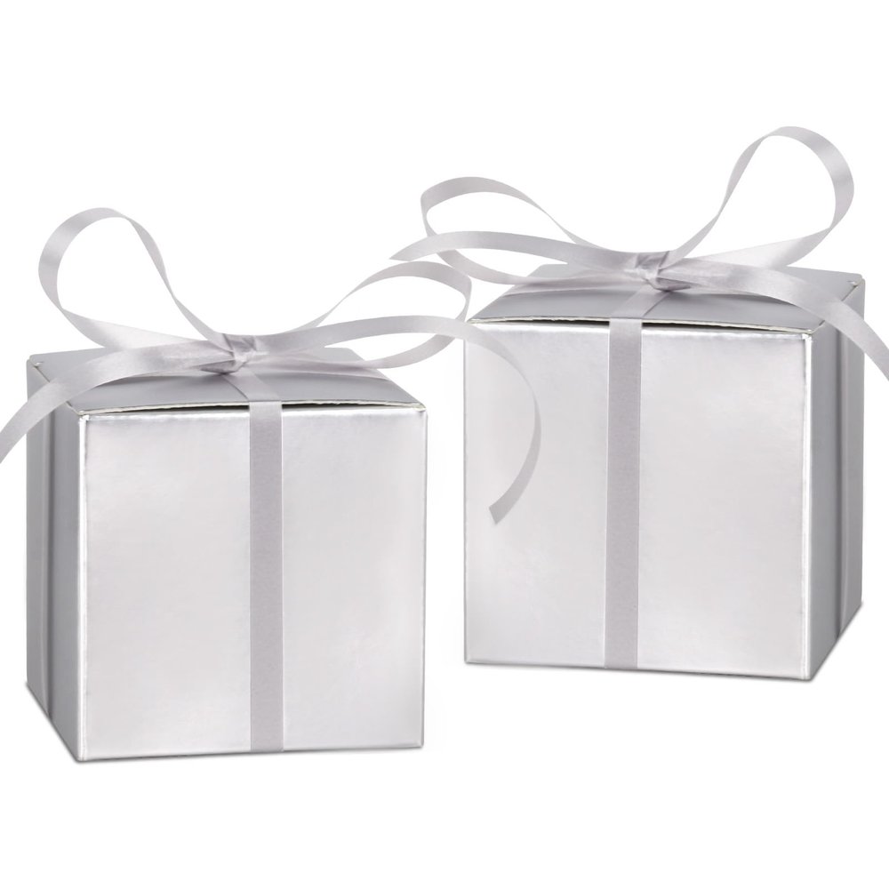 Adecortalk 100 Pcs Mini Silver Gift Boxes 2x2x2 Inches Small Party Favor Boxes Gift Candy Boxes with Lids & Ribbons for Birtyhday Wedding Baby Shower Graduation Bridal Shower Halloween Christmas Valentine Gifts