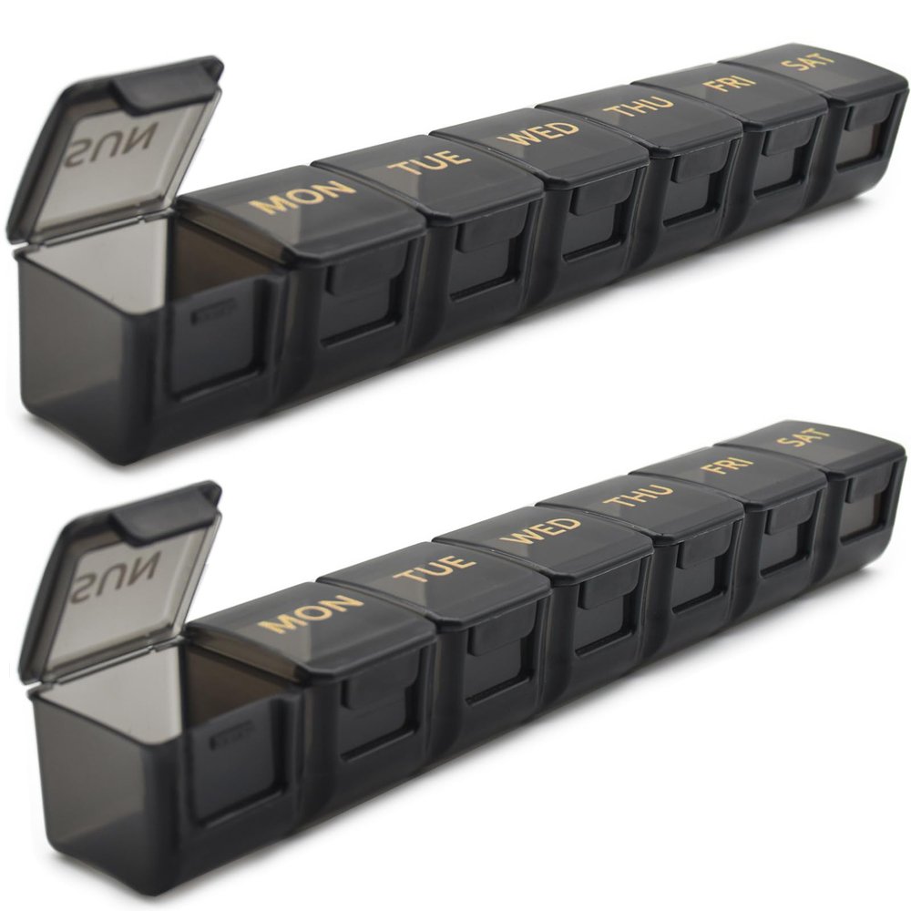 2 Pack Weekly Pill Organizer, Large 7 Day Pill Case, Daily Vitamin Case Medicine Box, AM/PM Pill Containers for Medicine Supplements Fish Oil (Black & Black)