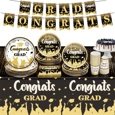 2025 Graduation Party Decorations, Black Graduation Party Supplies Disposable Paper Plates Napkins Cups Tablecloth Banner Dinnerware Set for Congrats Grad Party Decorations, Serve 25