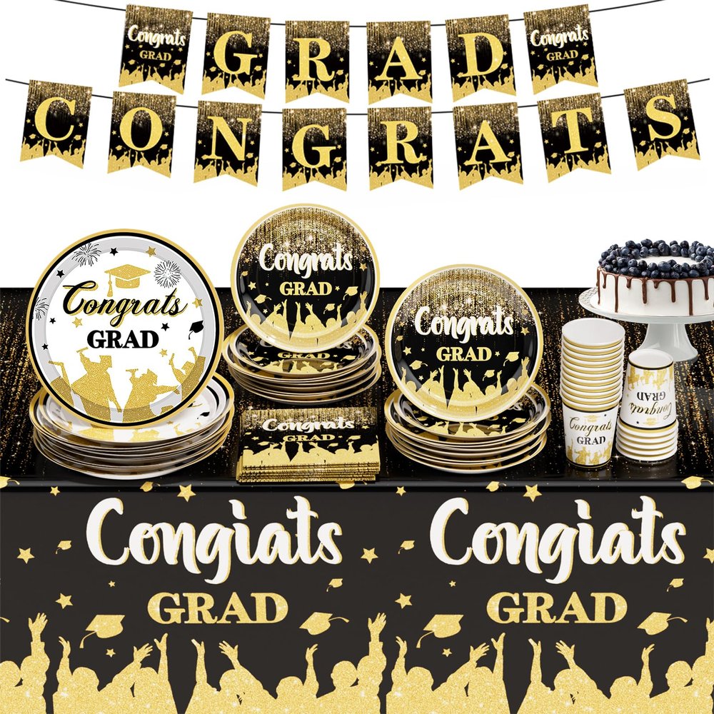 2025 Graduation Party Decorations, Black Graduation Party Supplies Disposable Paper Plates Napkins Cups Tablecloth Banner Dinnerware Set for Congrats Grad Party Decorations, Serve 25