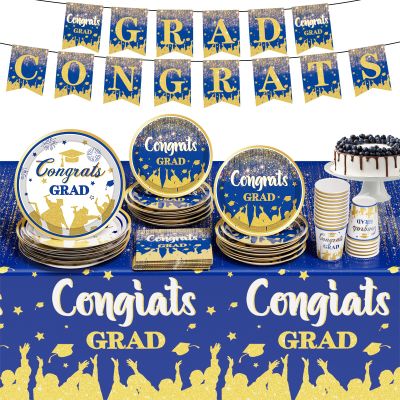 2025 Graduation Party Decorations, Blue Graduation Party Supplies Disposable Paper Plates Napkins Cups Tablecloth Banner Dinnerware Set for Congrats Grad Party Decorations, Serve 25