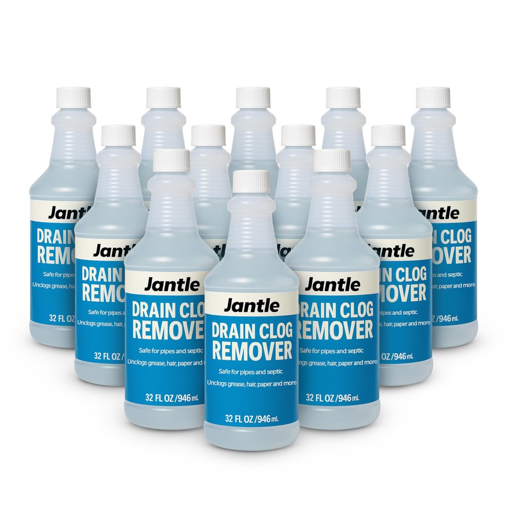 Drain Clog Remover - 12 Pack, 32 oz Bottles Powerful Drain Cleaner Liquid for Shower, Sink, and Toilet - Dissolves Hair, Grease, Paper, Fat, Oil - Plumbing & Septic Safe - Easy to Use Formula