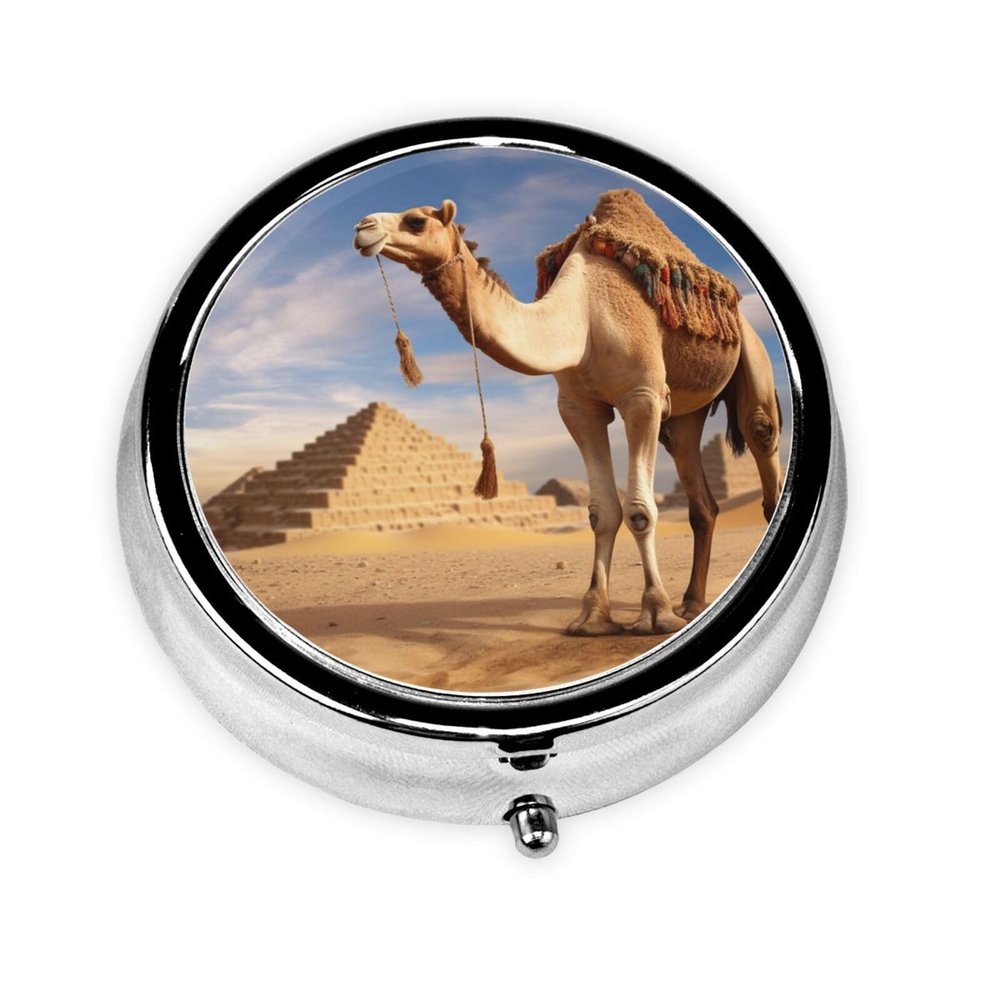 Camel Pill Box Metal Round Small Pill Case Cute 3 Compartment Pill Organizer Portable Travel Pillbox Mini Pill Container Holder for Daily Medicine Supplement Vitamin