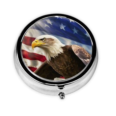 American USA Flag Eagle Art Pill Box Metal Round Small Pill Case Cute 3 Compartment Pill Organizer Portable Travel Pillbox Mini Pill Container Holder for Daily Medicine Supplement Vitamin