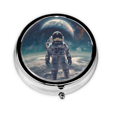 Astronaut Pill Box Metal Round Small Pill Case Cute 3 Compartment Pill Organizer Portable Travel Pillbox Mini Pill Container Holder for Daily Medicine Supplement Vitamin