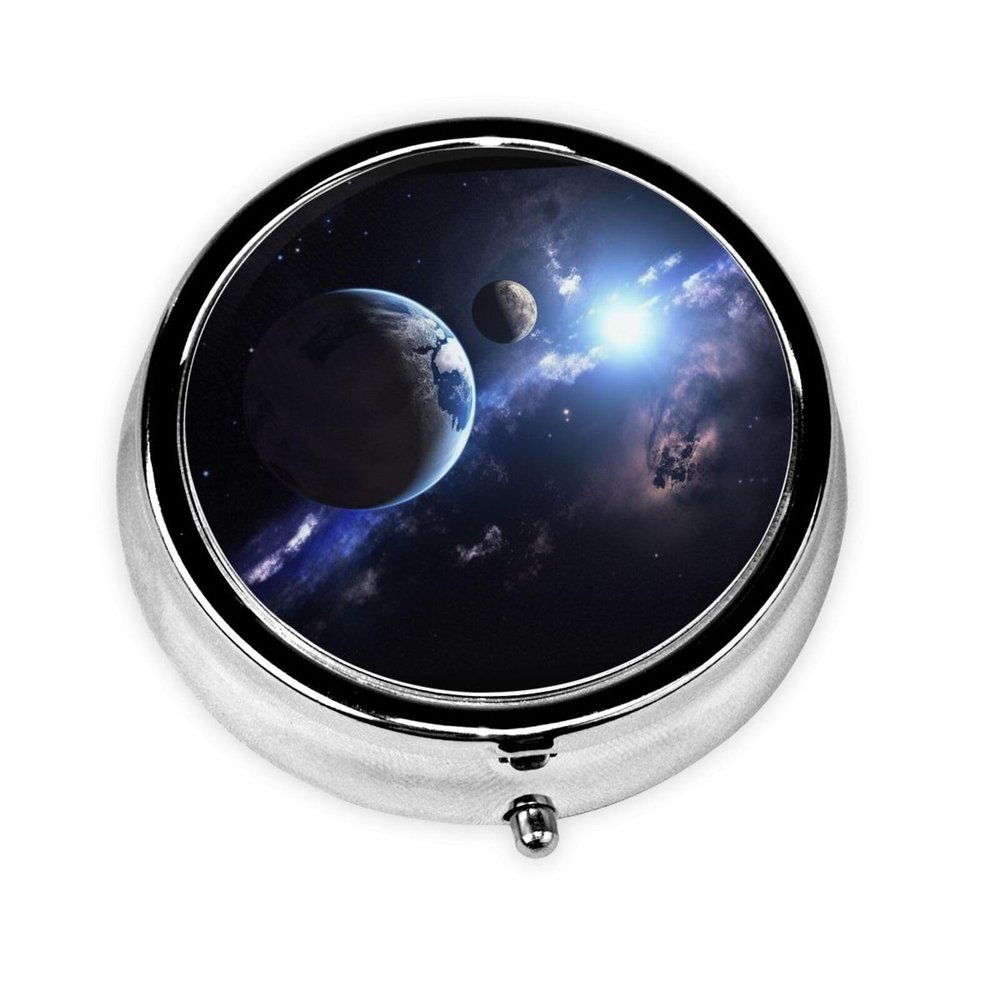 Earth and Moon Pill Box Metal Round Small Pill Case Cute 3 Compartment Pill Organizer Portable Travel Pillbox Mini Pill Container Holder for Daily Medicine Supplement Vitamin