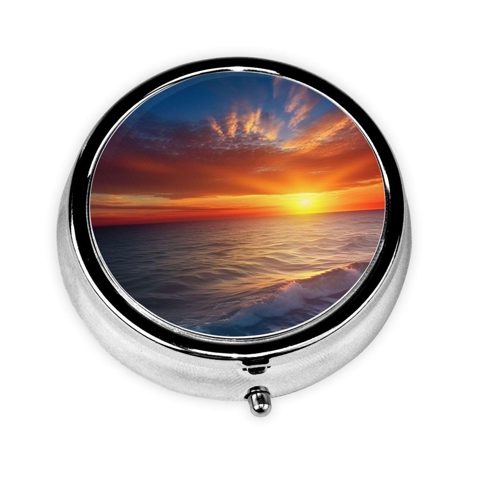 Sea and Sunset Pill Box Metal Round Small Pill Case Cute 3 Compartment Pill Organizer Portable Travel Pillbox Mini Pill Container Holder for Daily Medicine Supplement Vitamin