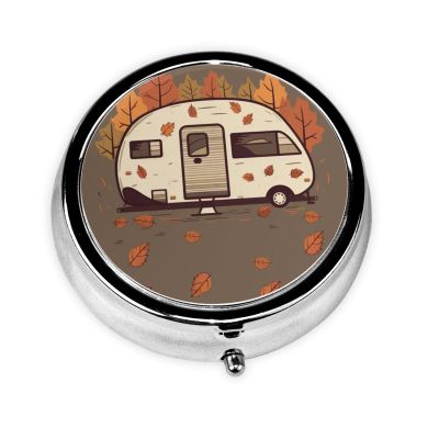 Happy Fall Camper Round Pill Box Mini Metal Pill Case for Purse Small Cute 3 Compartment Medicine Pill Organizer Portable Pill Container Holder for Daily Medicine Vitamin