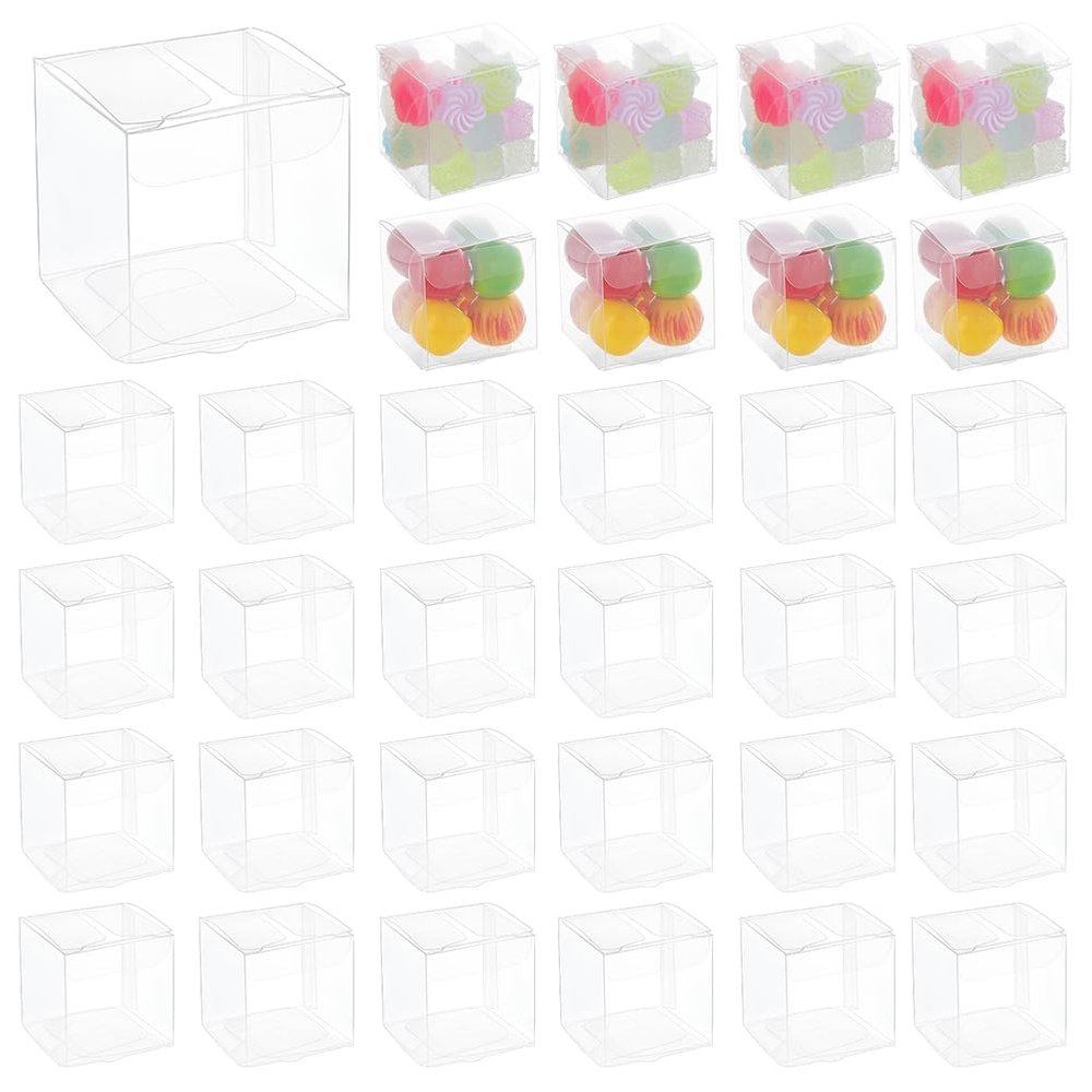 BENECREAT 120pcs Clear Plastic Favor Box 1.57x1.57x1.57 Inches Gift Packing Box for Candy Choclate and Dessert, Wedding Party Treats, Valentine Festival Gift Packaging