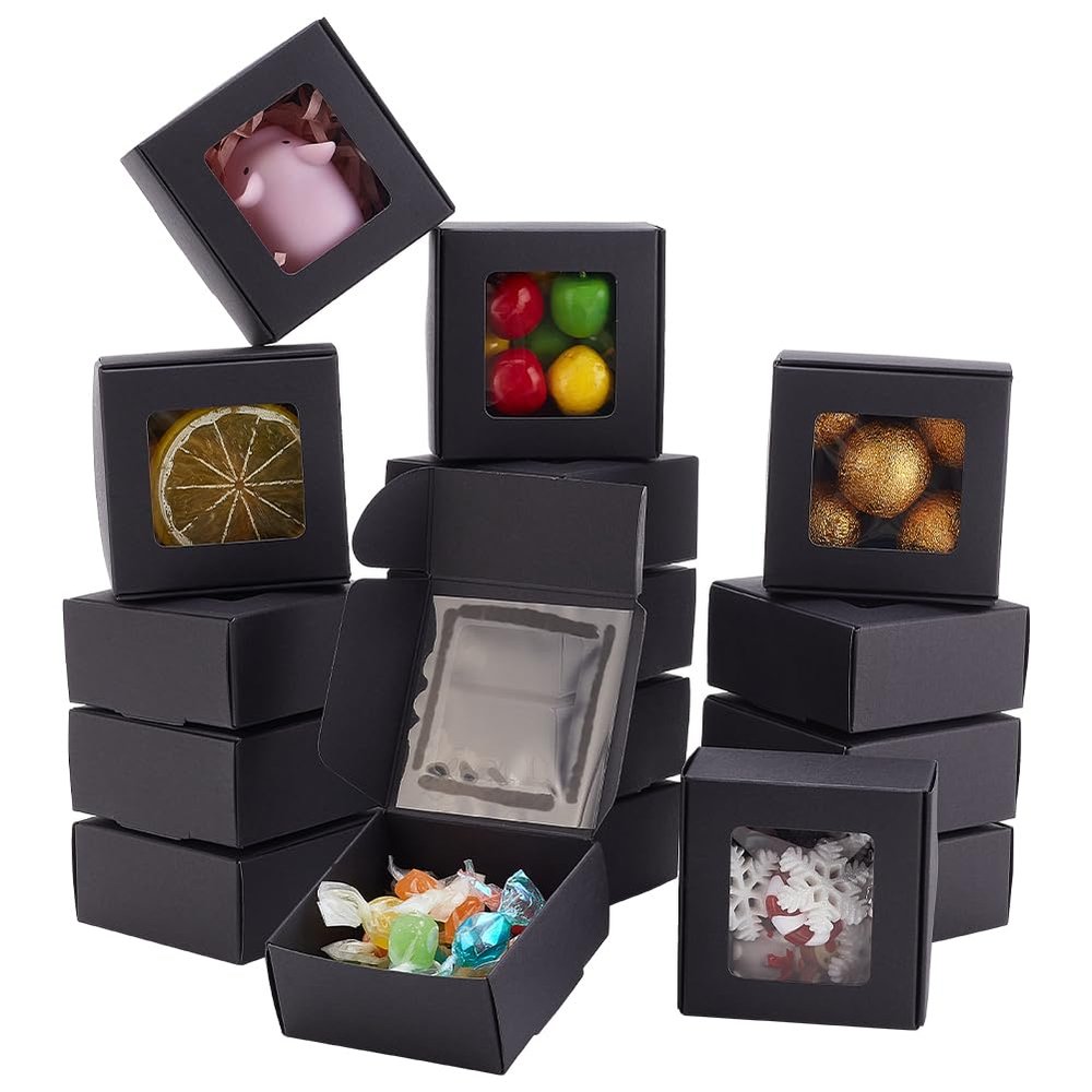 BENECREAT 100-Pack Kraft Gift Boxes with Clear Window - 2.5x2.5x1.2 Inch Black Packaging Box for Weddings, Birthdays & Party Favors