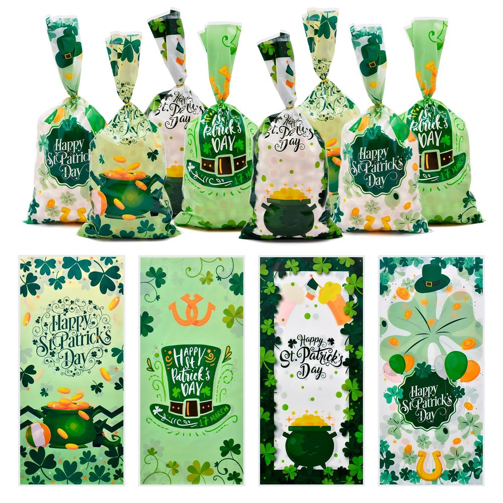 160 Pieces 4 Styles St. Patrick's Day Cellophane Treat Candy Bags with Twist Ties, Shamrock and Leprechaun Designs Clear Goodie Bags for Kids Gifts, Party Favors, and Holiday Snacks Decorations